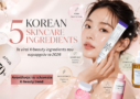 Luxury Korean skincare blog banner featuring glowing skin model with trending K-beauty ingredients including PDRN, Heartleaf, Rice Extract, Peptides and Centella in soft pink minimal aesthetic.