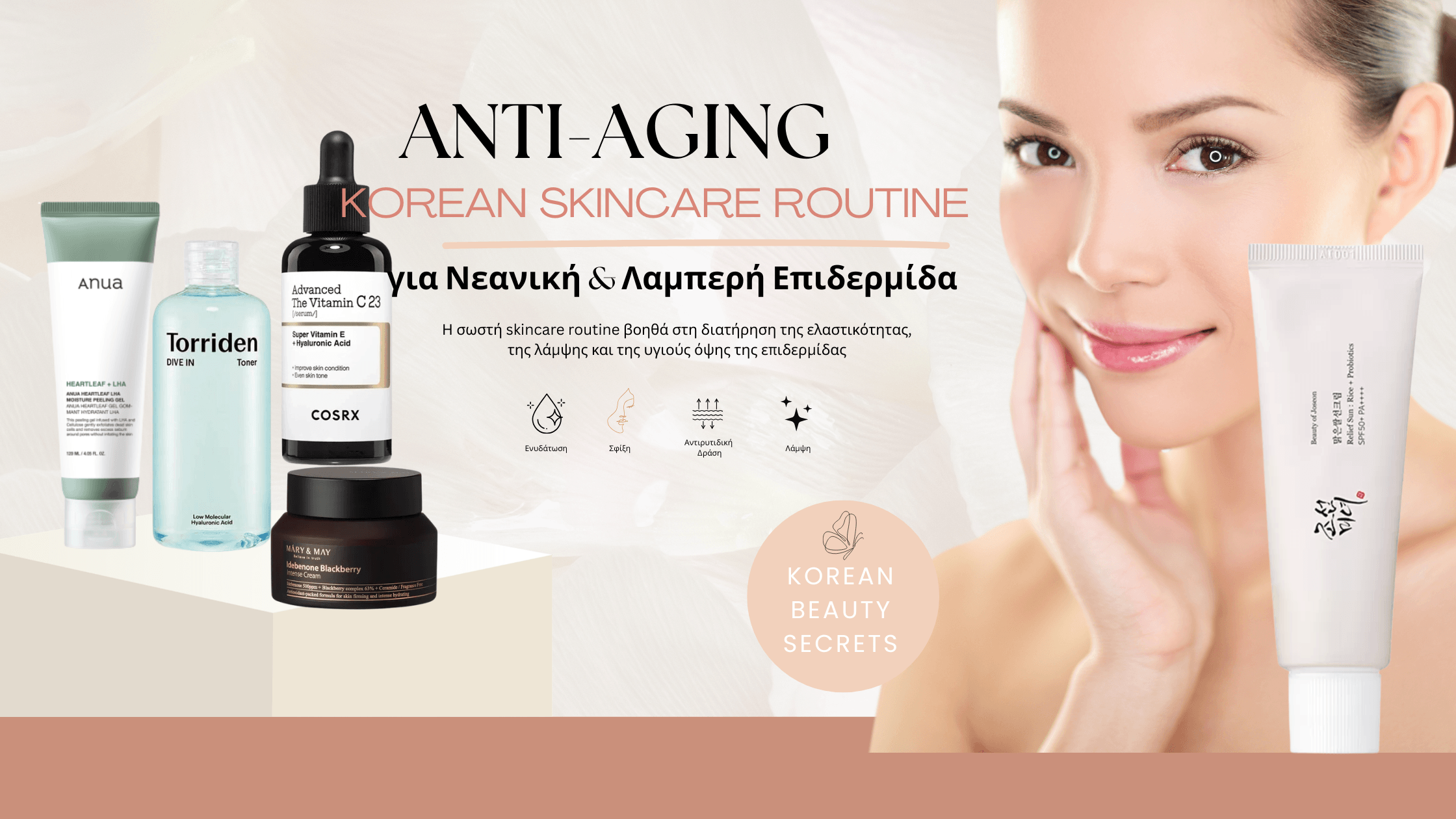 Anti-aging Korean skincare banner με Vitamin C serum, toner, moisturizer και SPF για νεανική και λαμπερή επιδερμίδα