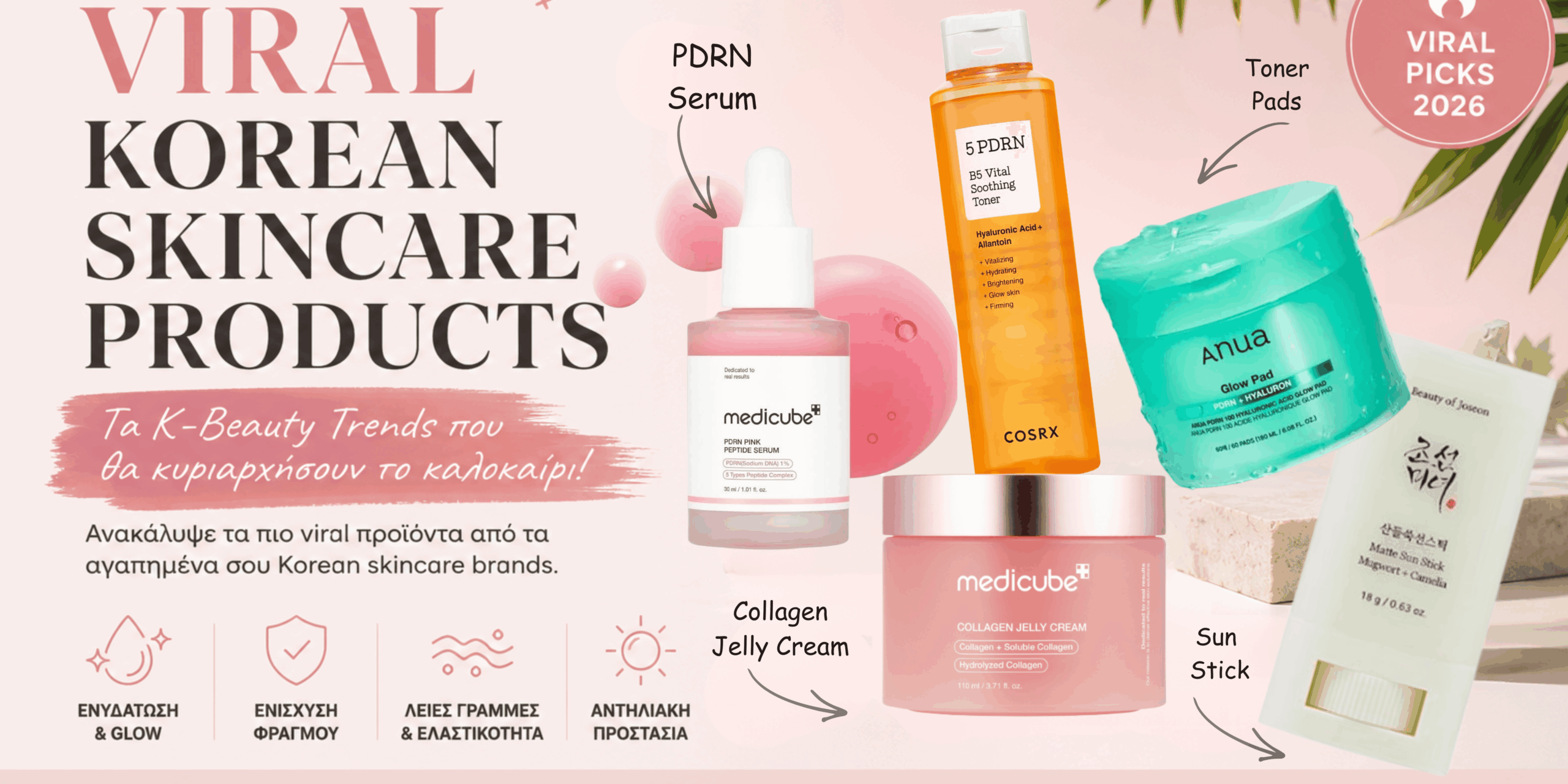 Viral Korean Skincare Products 2026 με Medicube PDRN Serum, Medicube Collagen Jelly Cream, COSRX Toner, Anua Toner Pads και Beauty of Joseon Sun Stick