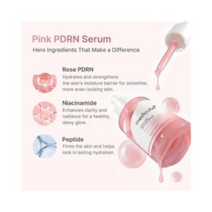 Medicube Pink PDRN Serum ingredients with Rose PDRN, Niacinamide and Peptides for glowing skin